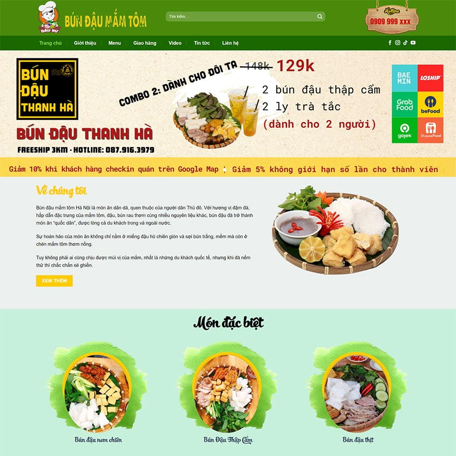 Mẫu website quán bún đậu mắm tôm