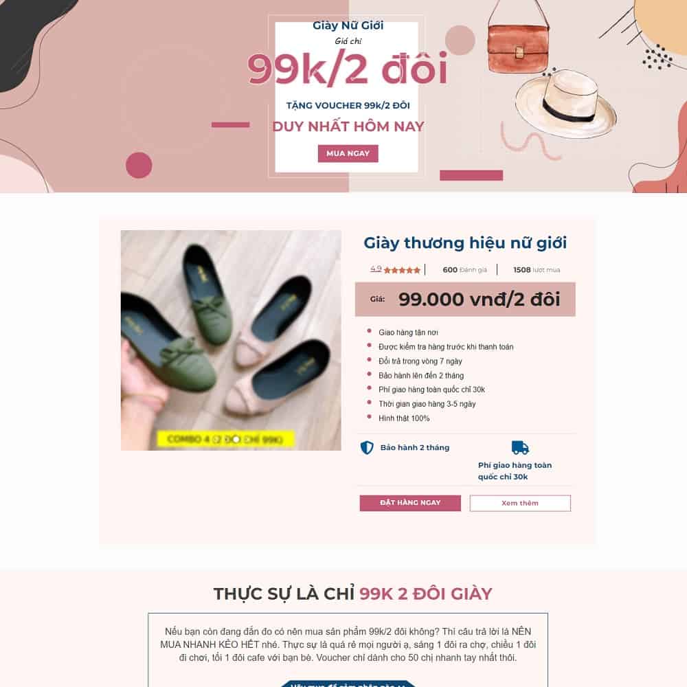 Mẫu website Lading Page bán giày, dép nữ