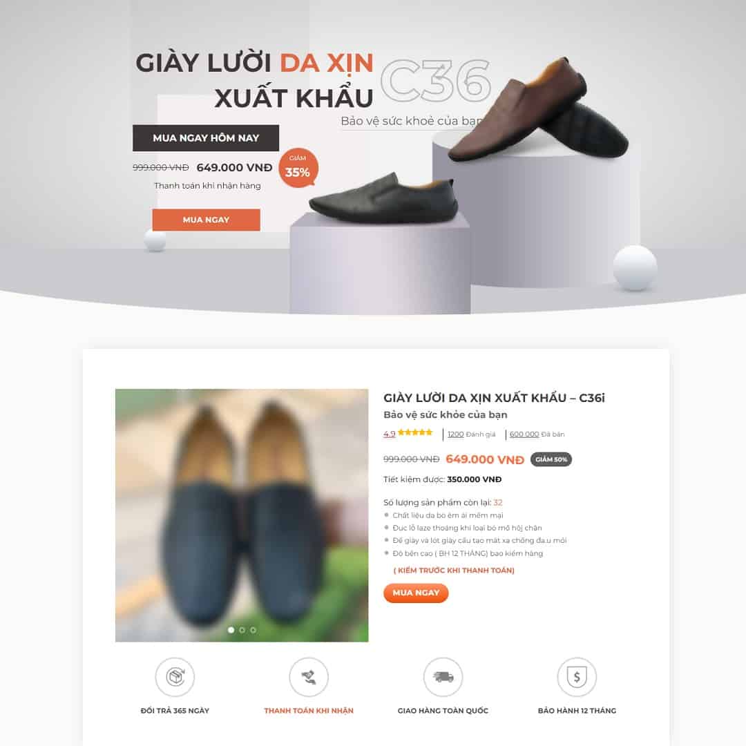 Mẫu website landing page bán giày da