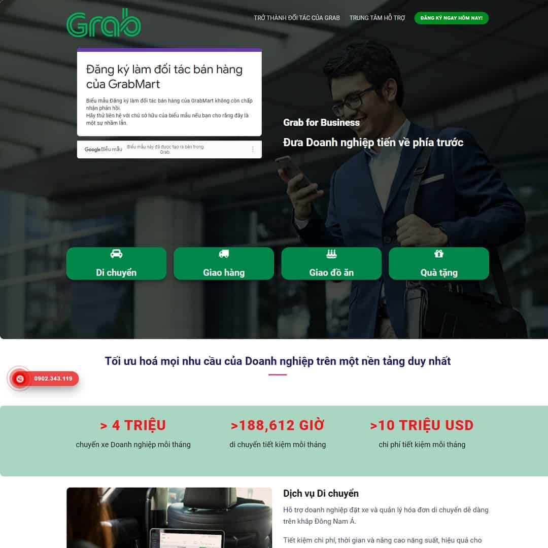 Mẫu website landing page dịch vụ Grab