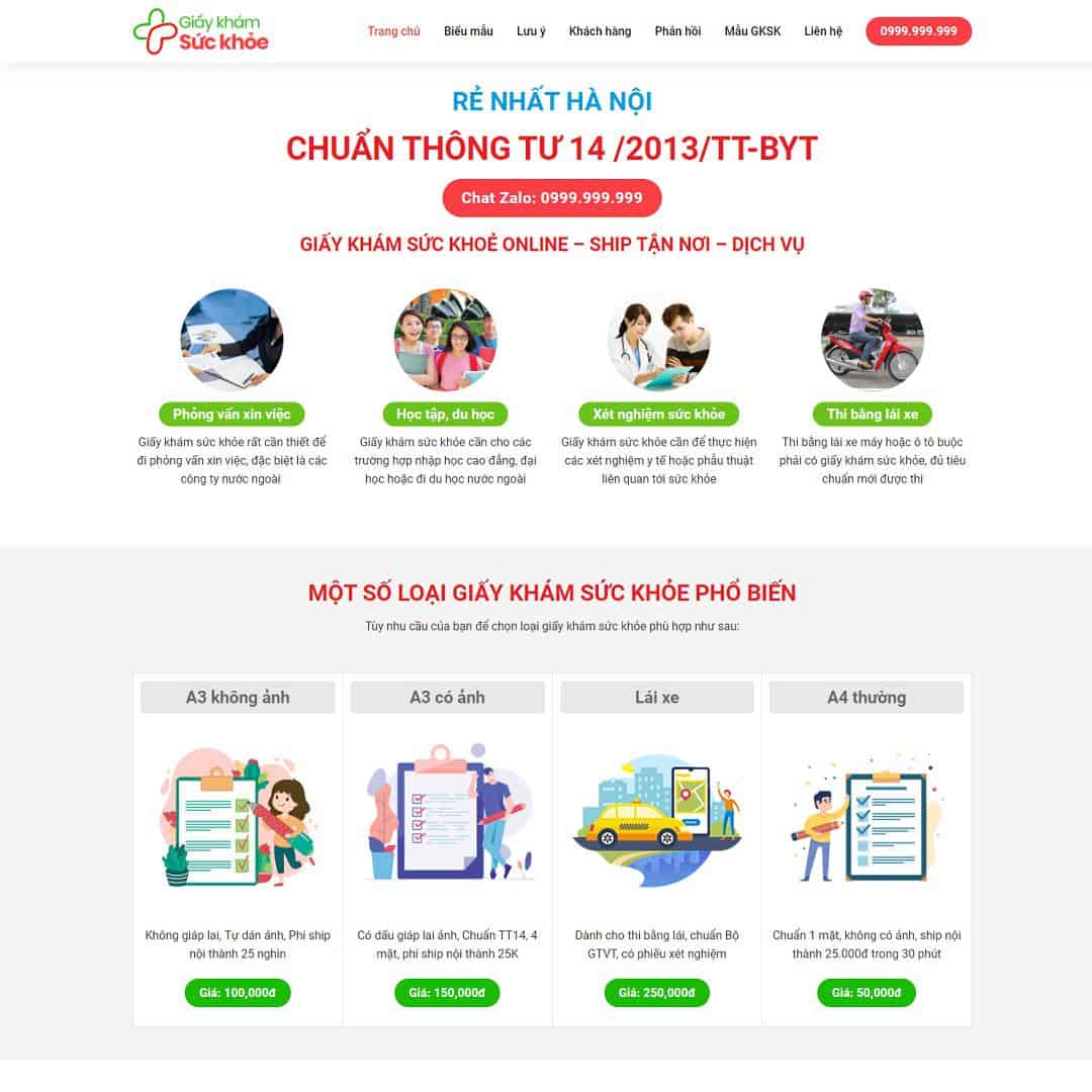 Mẫu website landing page bán giấy khám sức khỏe