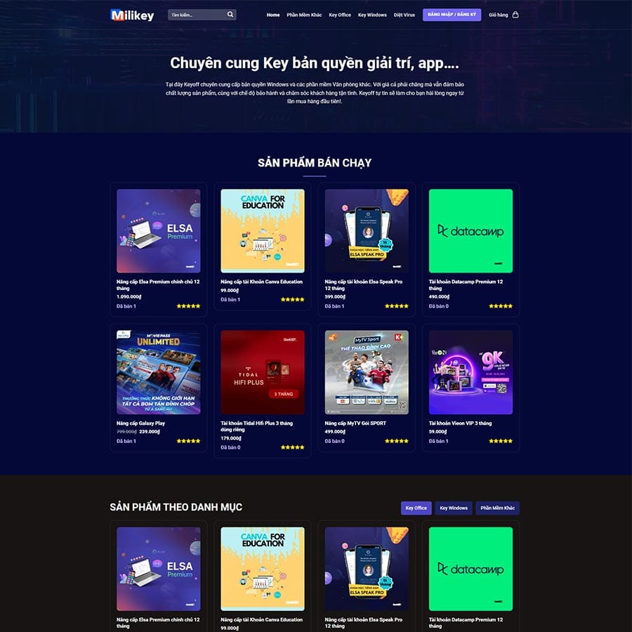 Mẫu website bán tài khoản Premium, key bản quyền
