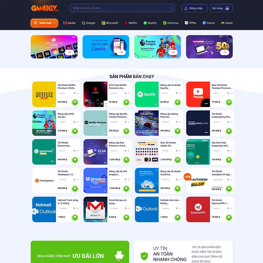Mẫu website bán tài khoản, phần mềm, key bản quyền 02