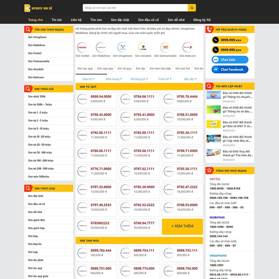Mẫu website bán sim số