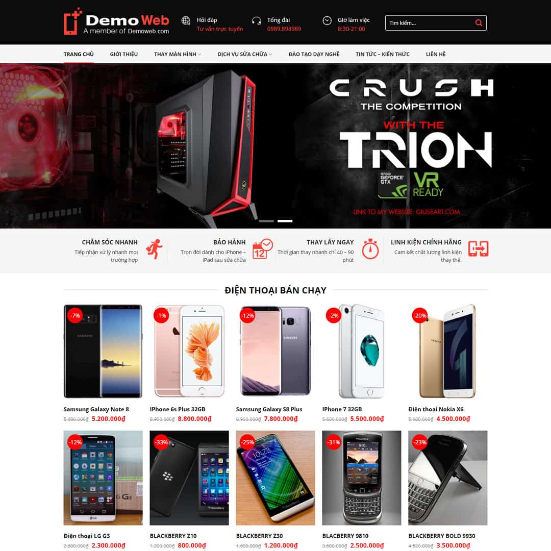 Mẫu website dịch vụ chăm sóc, sửa chữa điện thoại